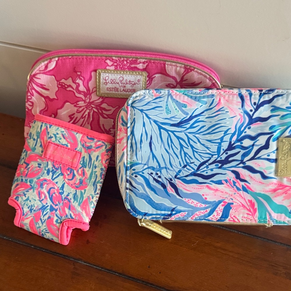 Lilly Pulitzer Pink and Blue Cosmetic Bags and Drink Koozie.